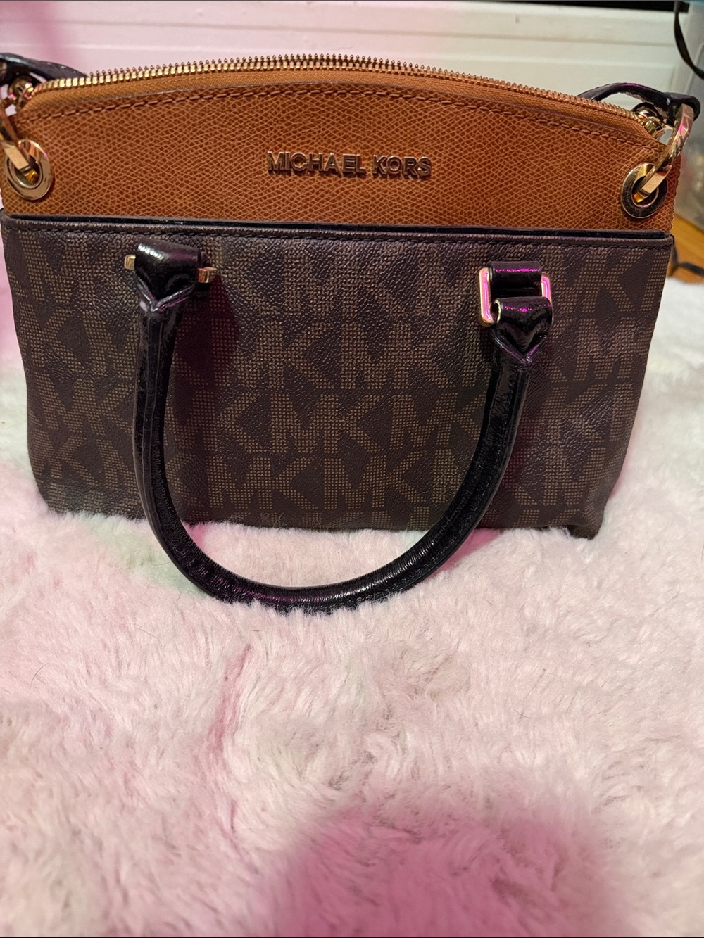 Michael Kors Brown/Tan Logo Satchel with Gold Hardware